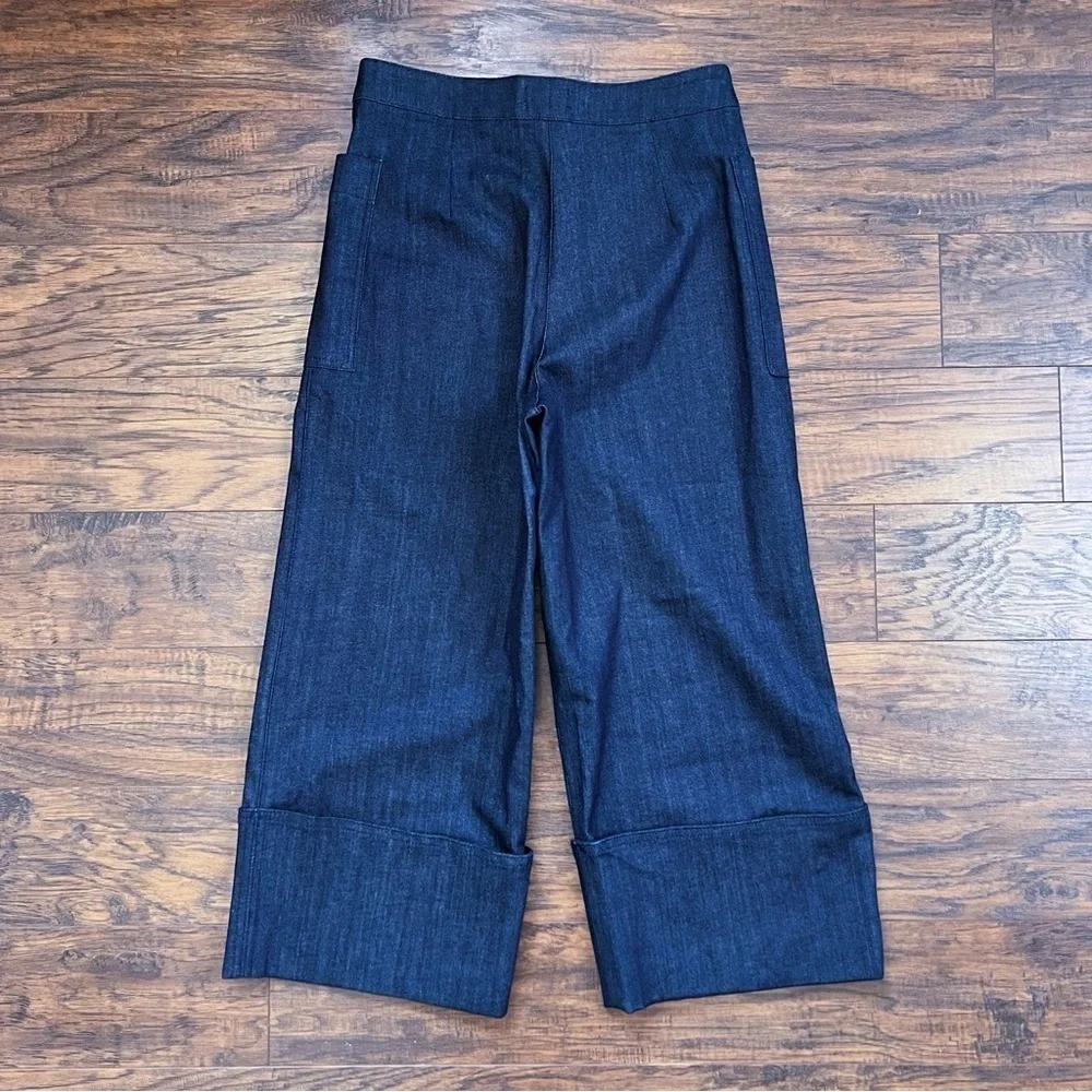 Kate Spade • Cuffed Denim Pant jeans wide leg cropped high waist Dark Peacock